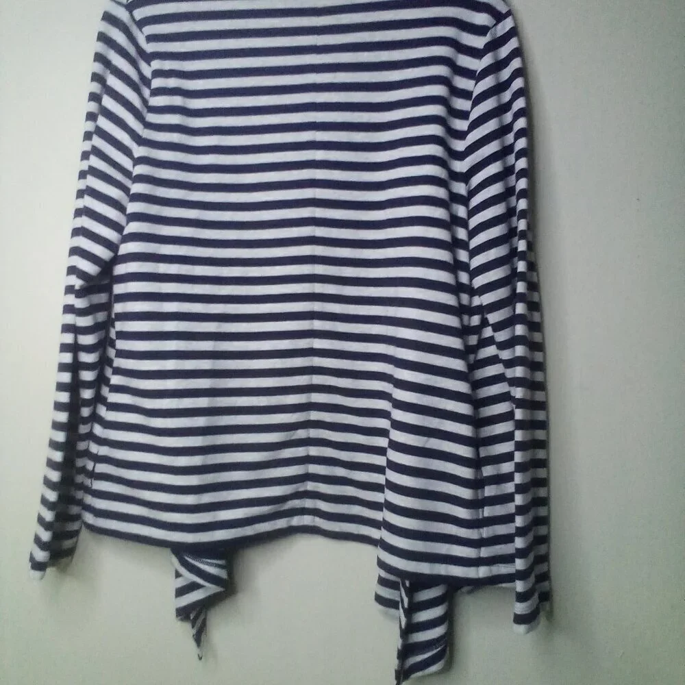 Lands' End Open Cardigan Women M 10-12 Long Sleeve Stripe Blue White
